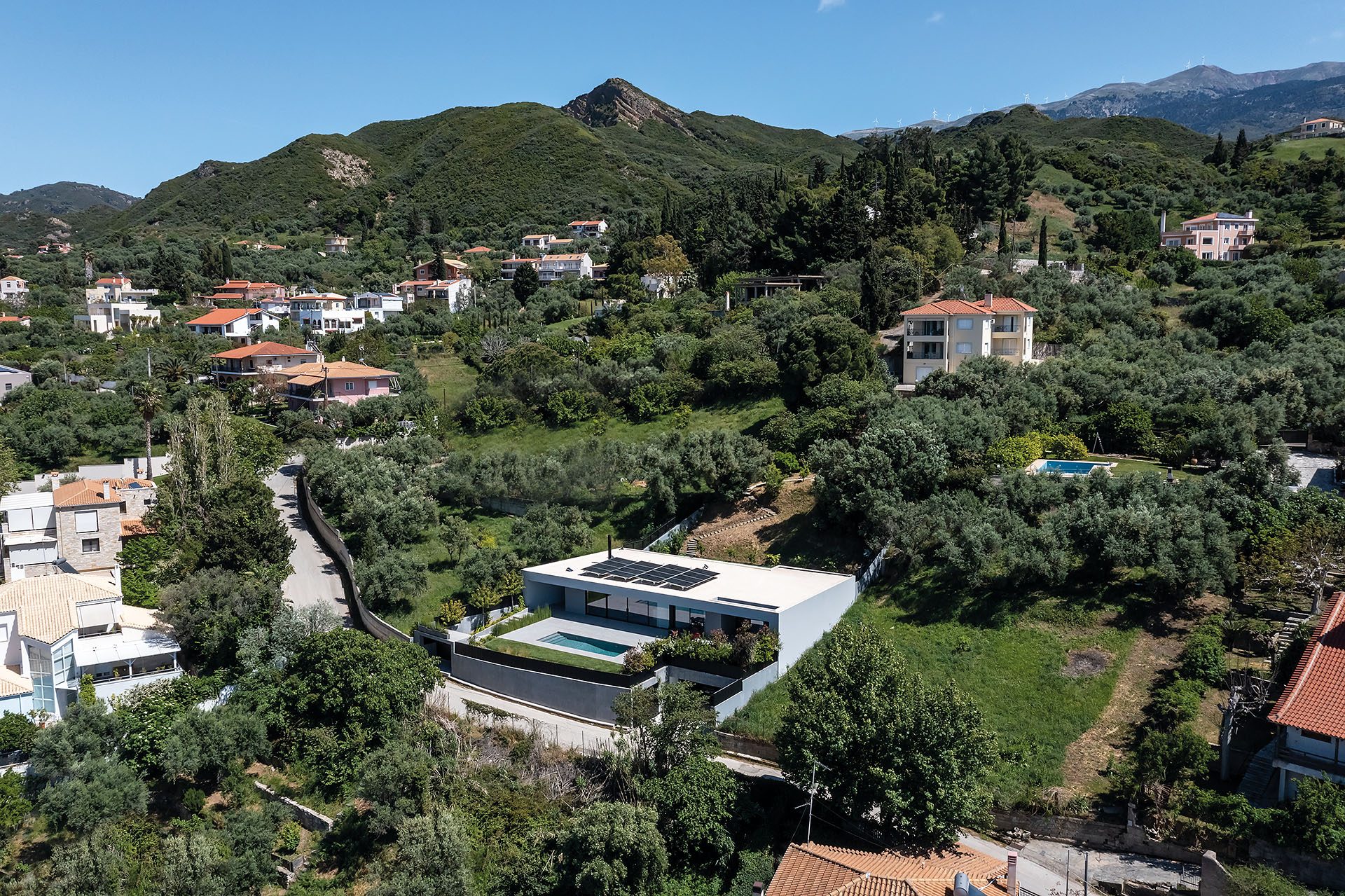 Aerial view of the Residence in Achaia among olive trees in Kato Kastritsi