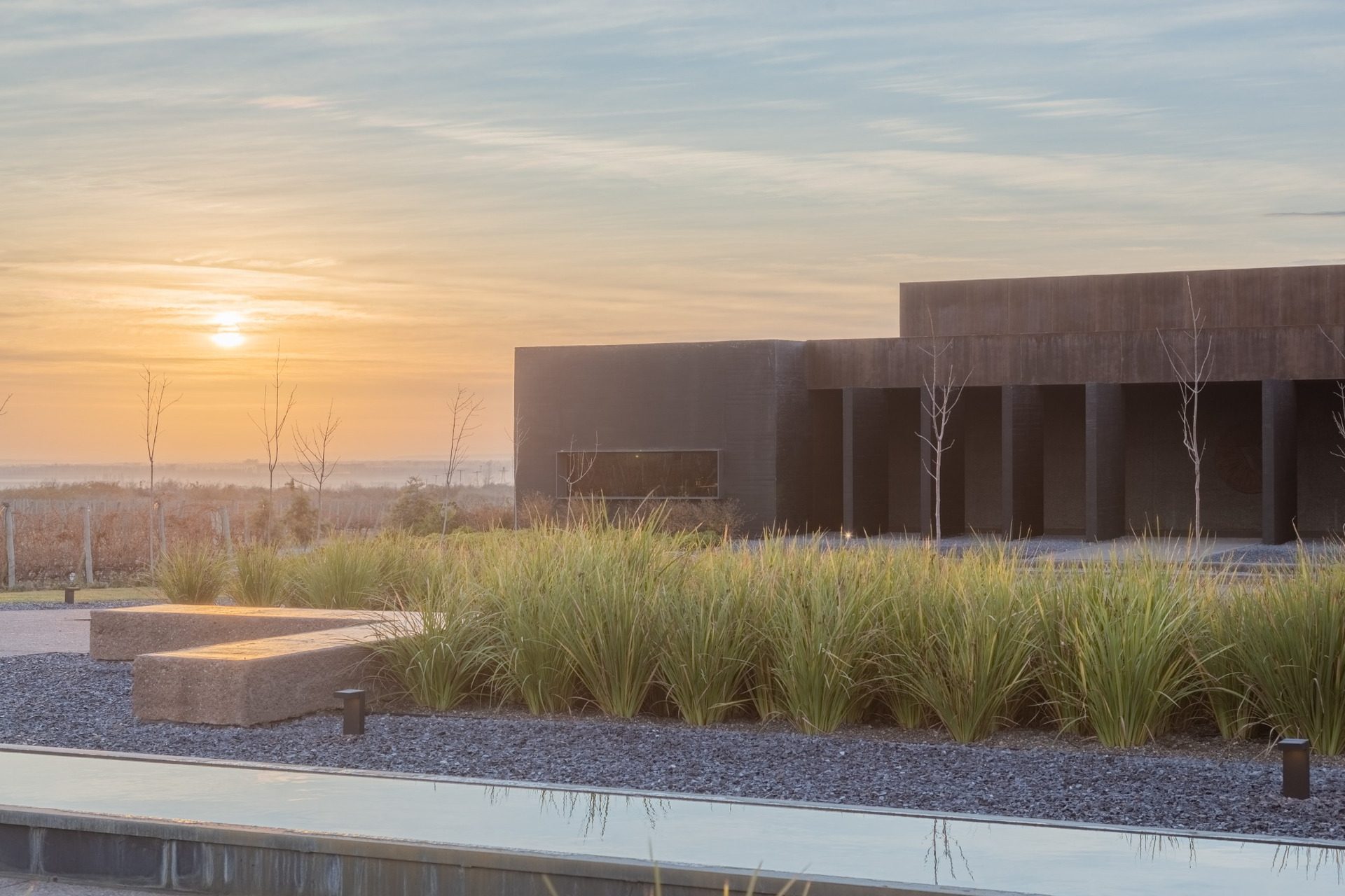 La Vigilia Winery volumes and landscaped garden at sunset