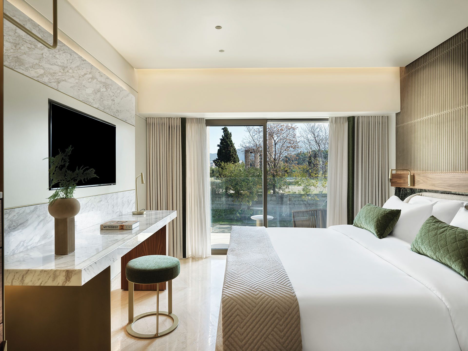Anthology of Athens guest room with marble desk and balcony doors