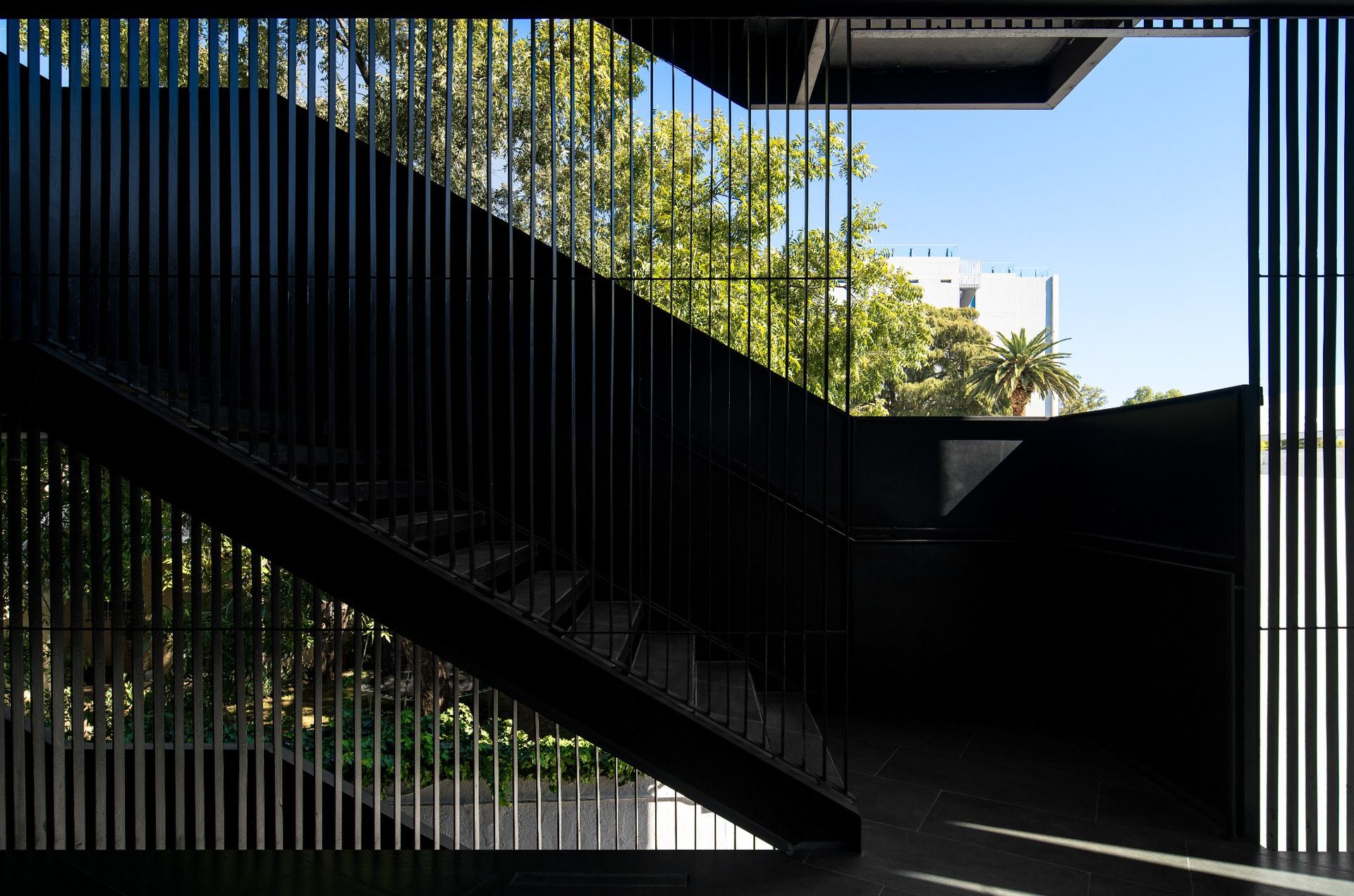 Suspended external metal staircase at Torre Negra