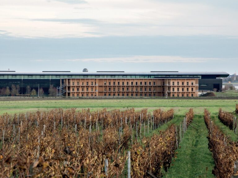 Hennessy Village timber building beyond the vineyards near Cognac
