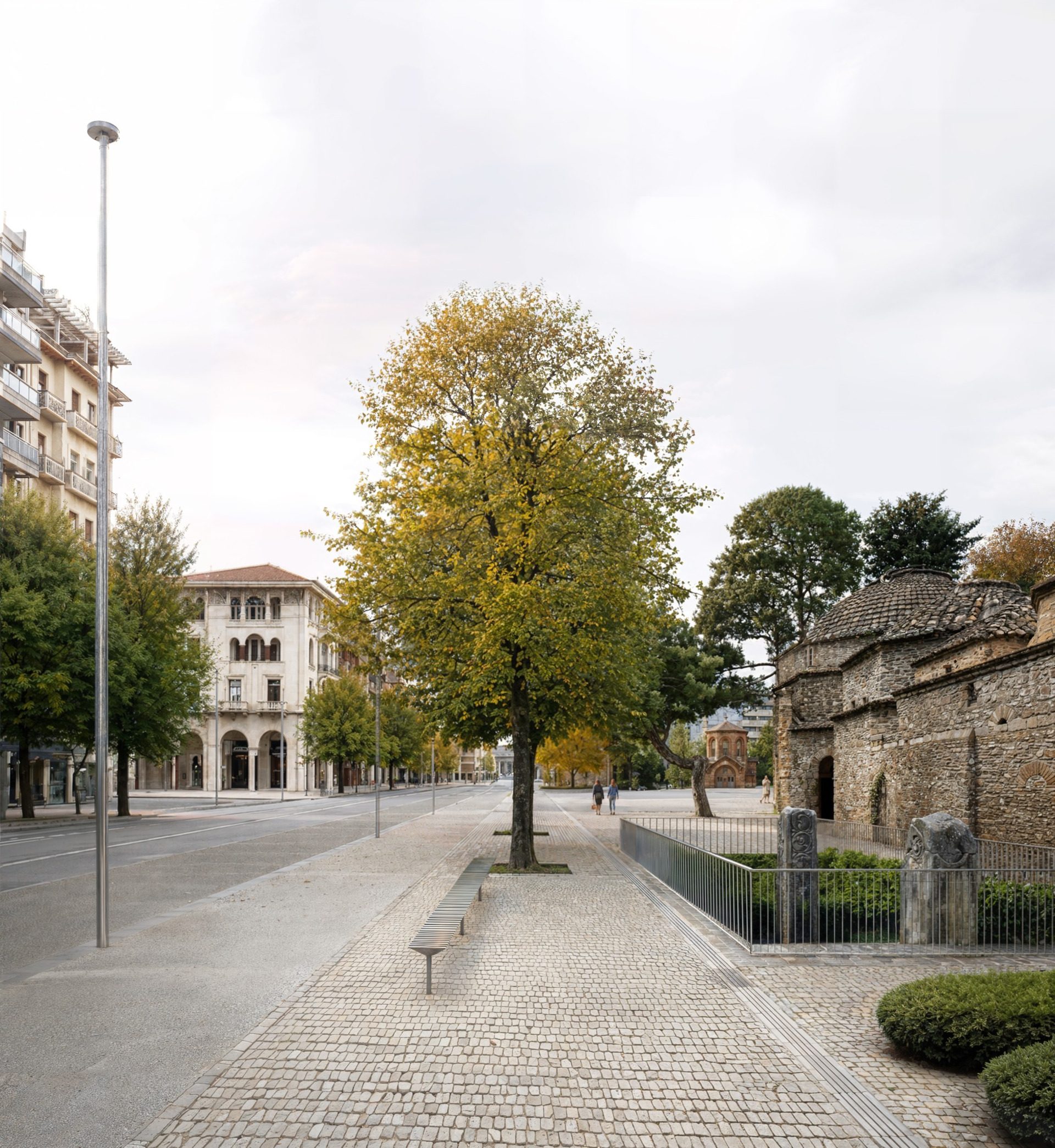 Egnatia Street with stone paving and planting in the Armosi masterplan
