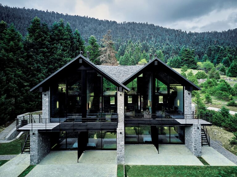 Hermitage 1310 two pitched-roof volumes against the Parnassos fir forest