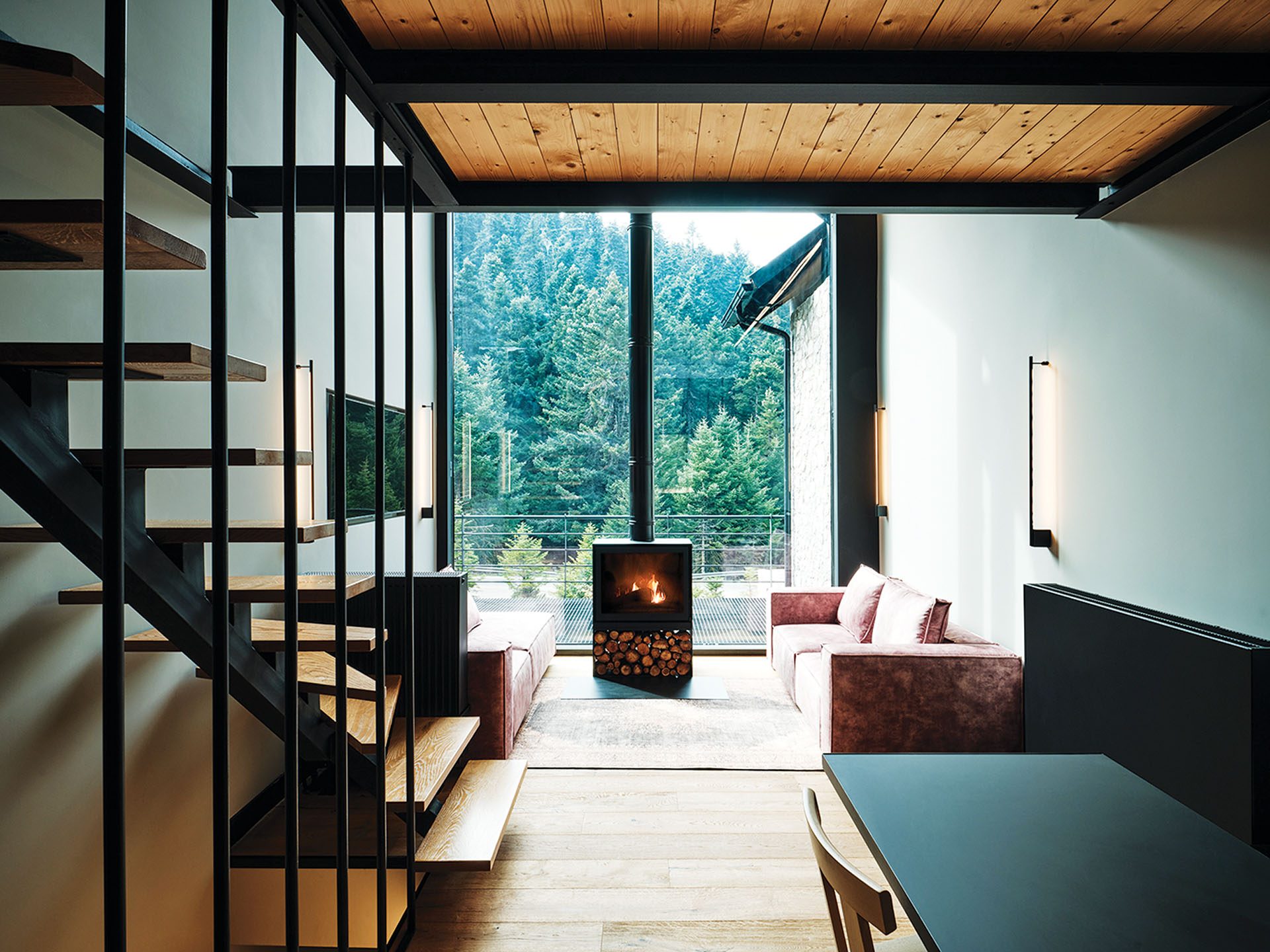 Living area with wood-burning stove and forest view at Hermitage 1310