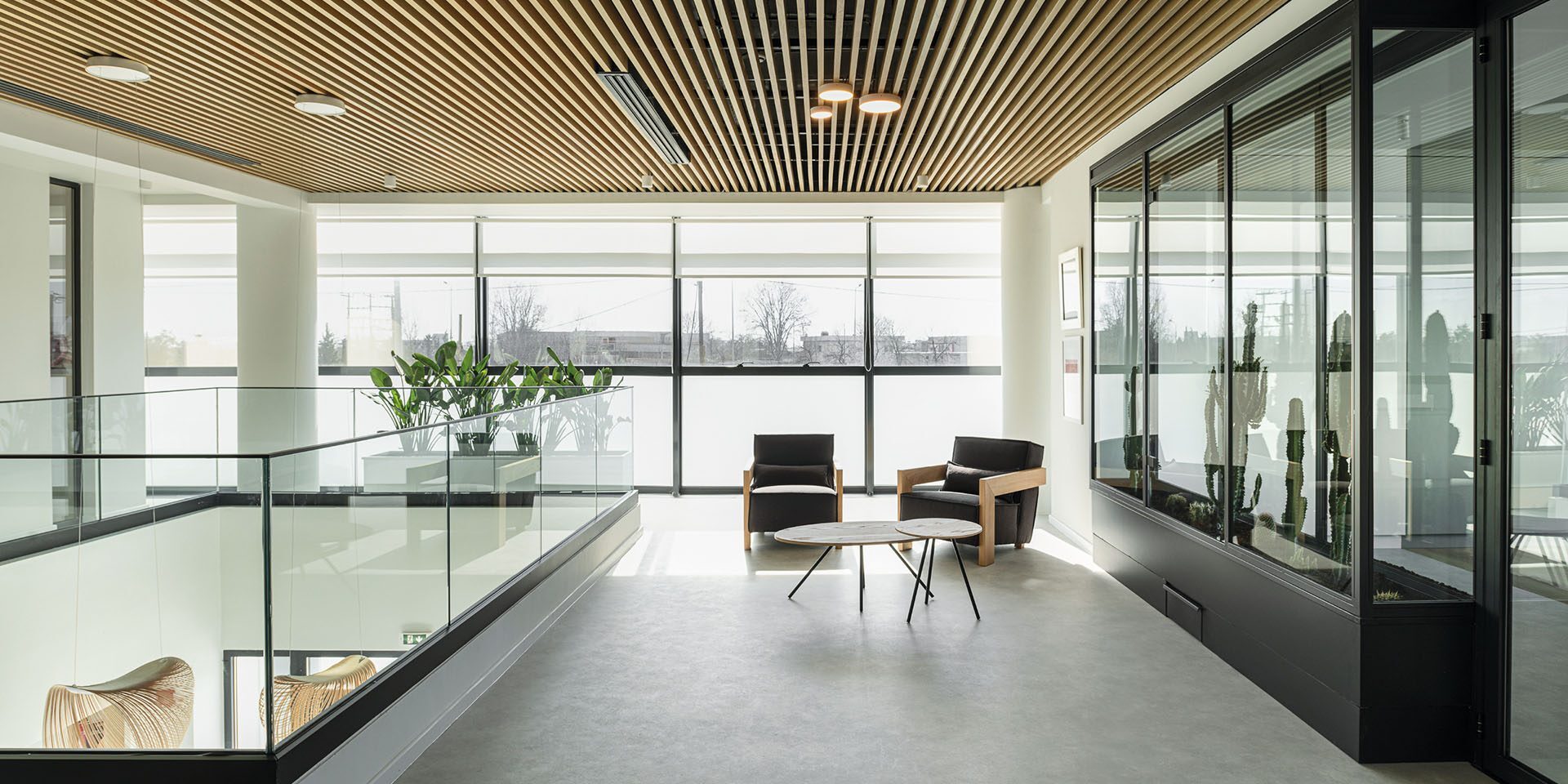 Upper-level open-plan area with glass balustrade at KAFEA TERRA offices