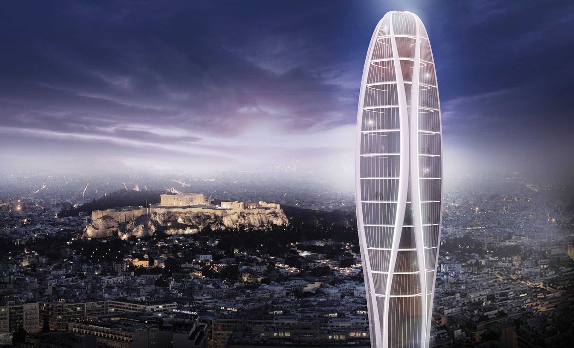 Athens Up tower concept by Lianou Chalvatzis Architects with the Acropolis at night