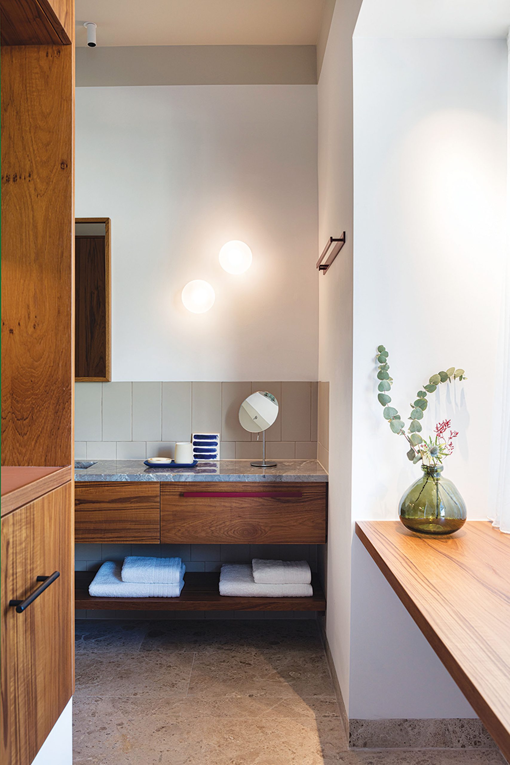 Guestroom bathroom with timber vanity at The Social Athens Hotel